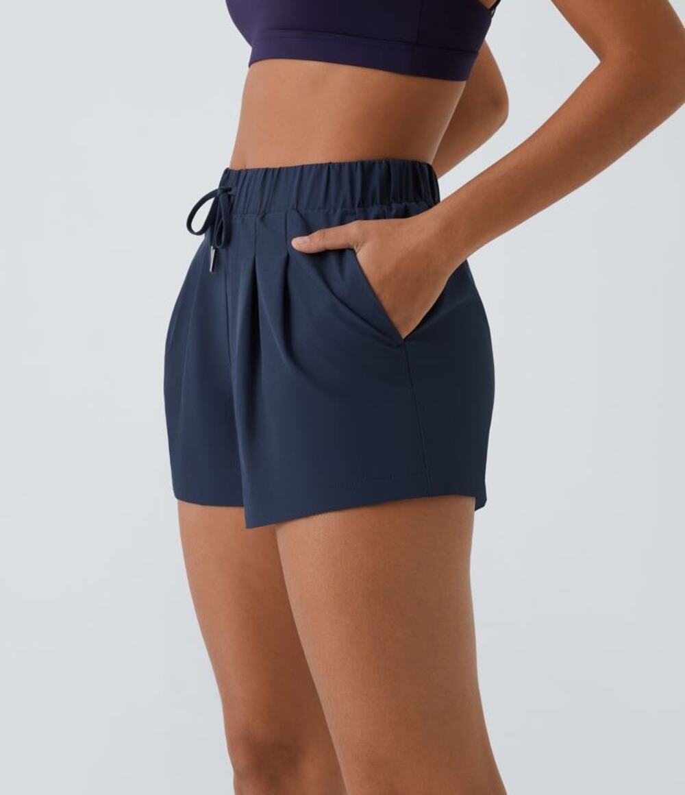 Halara S Blue Pleated Yoga Shorts 3" Elastic Waistband Drawstring Pockets NWT